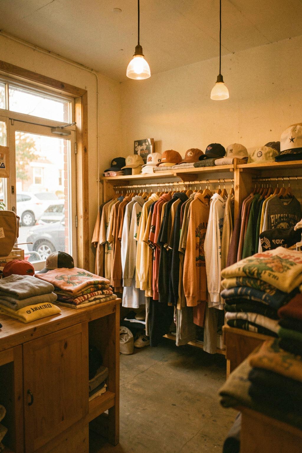 Inside the DLH Store boutique — racks of screen-printed pieces at golden hour